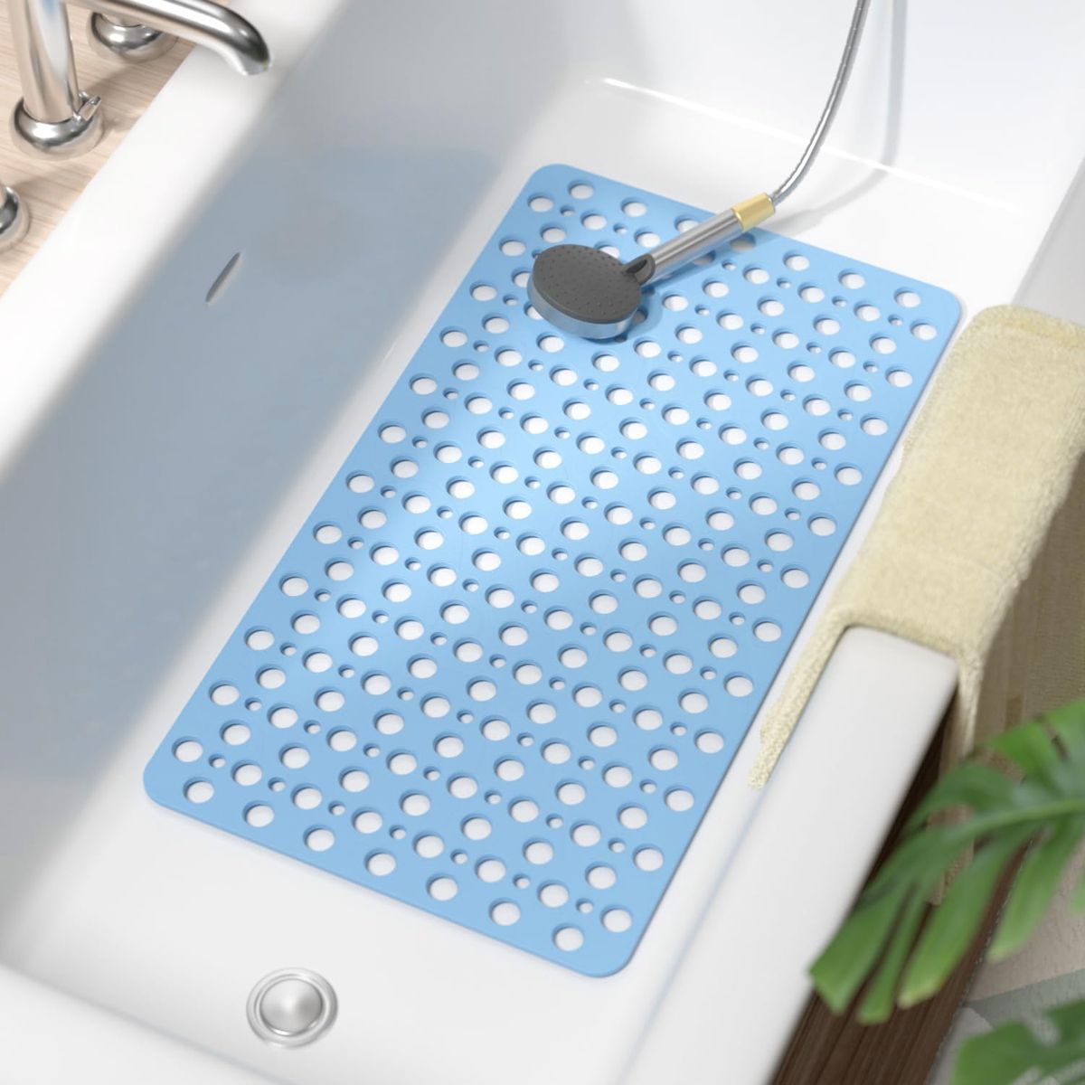 Cart In Mart Non-Slip Bathtub Shower Mat Suction Cups Bathroom Safety Mat w Drain Holes - Blue