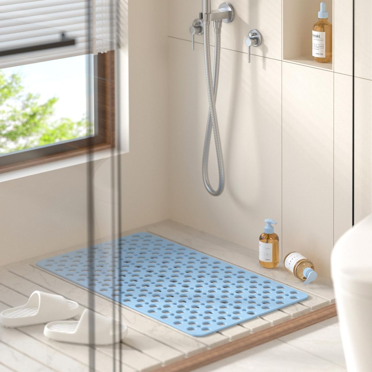 Cart In Mart Non-Slip Bathtub Shower Mat Suction Cups Bathroom Safety Mat w Drain Holes - Blue