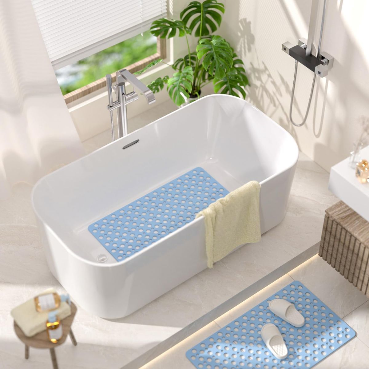 Cart In Mart Non-Slip Bathtub Shower Mat Suction Cups Bathroom Safety Mat w Drain Holes - Blue
