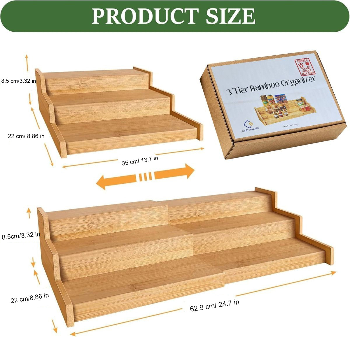 Cart In Mart 3 Tier Expandbale Bamboo Spice Rack Organiser Cabinet With Labels & Marker