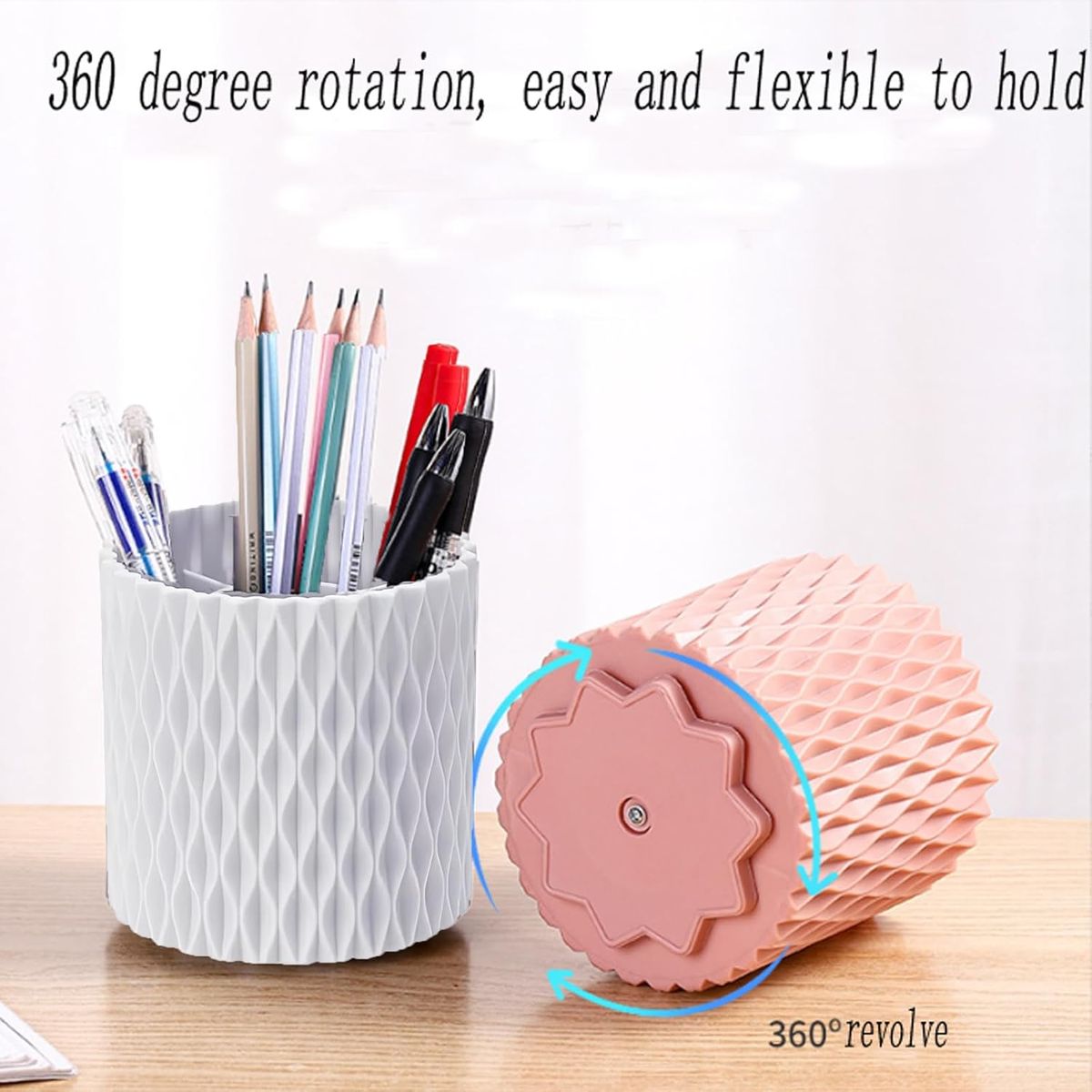 Cart In Mart 360 Rotating Desk Organisers With 5 Slots Office Pen Pencil Makeup Holder - White