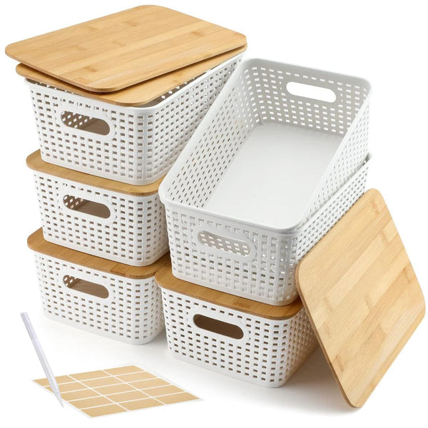 Cart In Mart Storage Baskets With Bamboo Lid Pantry Organization Stackable Boxes- 6 Pack