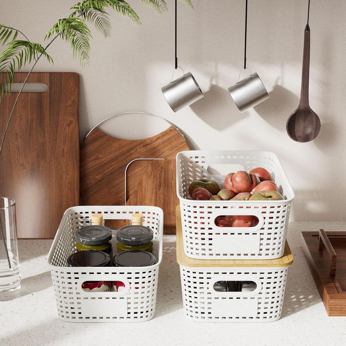 Cart In Mart Storage Baskets With Bamboo Lid Pantry Organization Stackable Boxes- 6 Pack