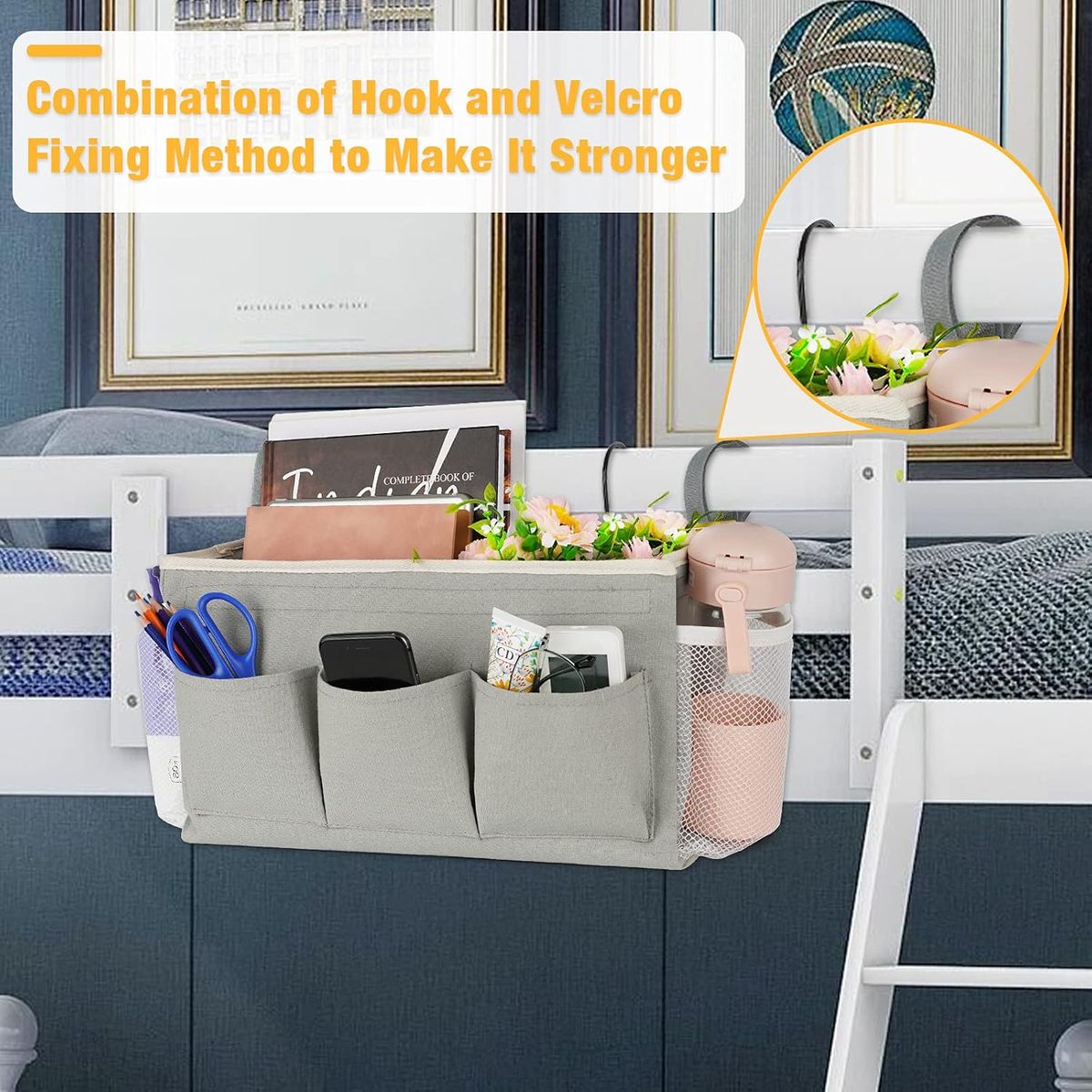 Cart In Mart Bedside Caddy Organizer Fixed Straps & Water Bottle Holder Crib Bed Rails