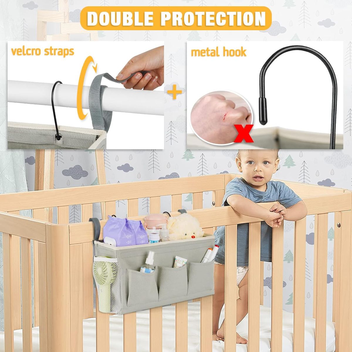 Cart In Mart Bedside Caddy Organizer Fixed Straps & Water Bottle Holder Crib Bed Rails