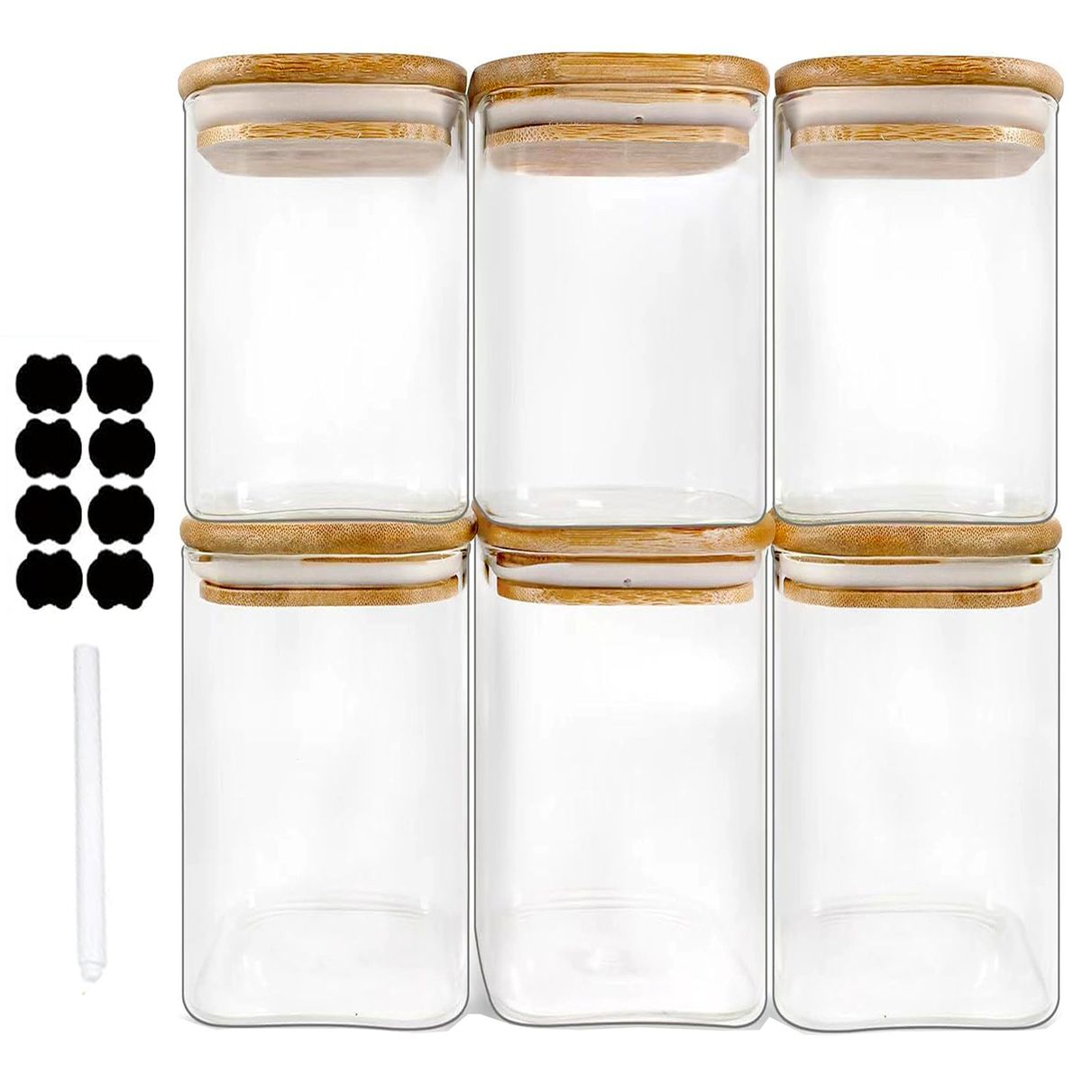 Cart In Mart 6 Pack 1.2L Glass Food Storage Container Jars With Bamboo Lids/Label/Marker