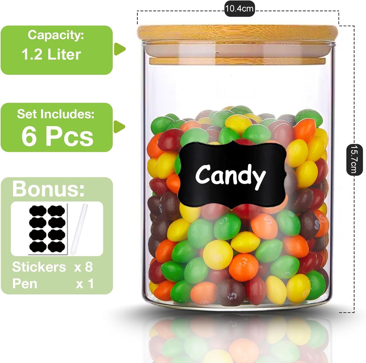 Cart In Mart 6 Pack 1.2L Glass Food Storage Container Jars With Bamboo Lids/Label/Marker