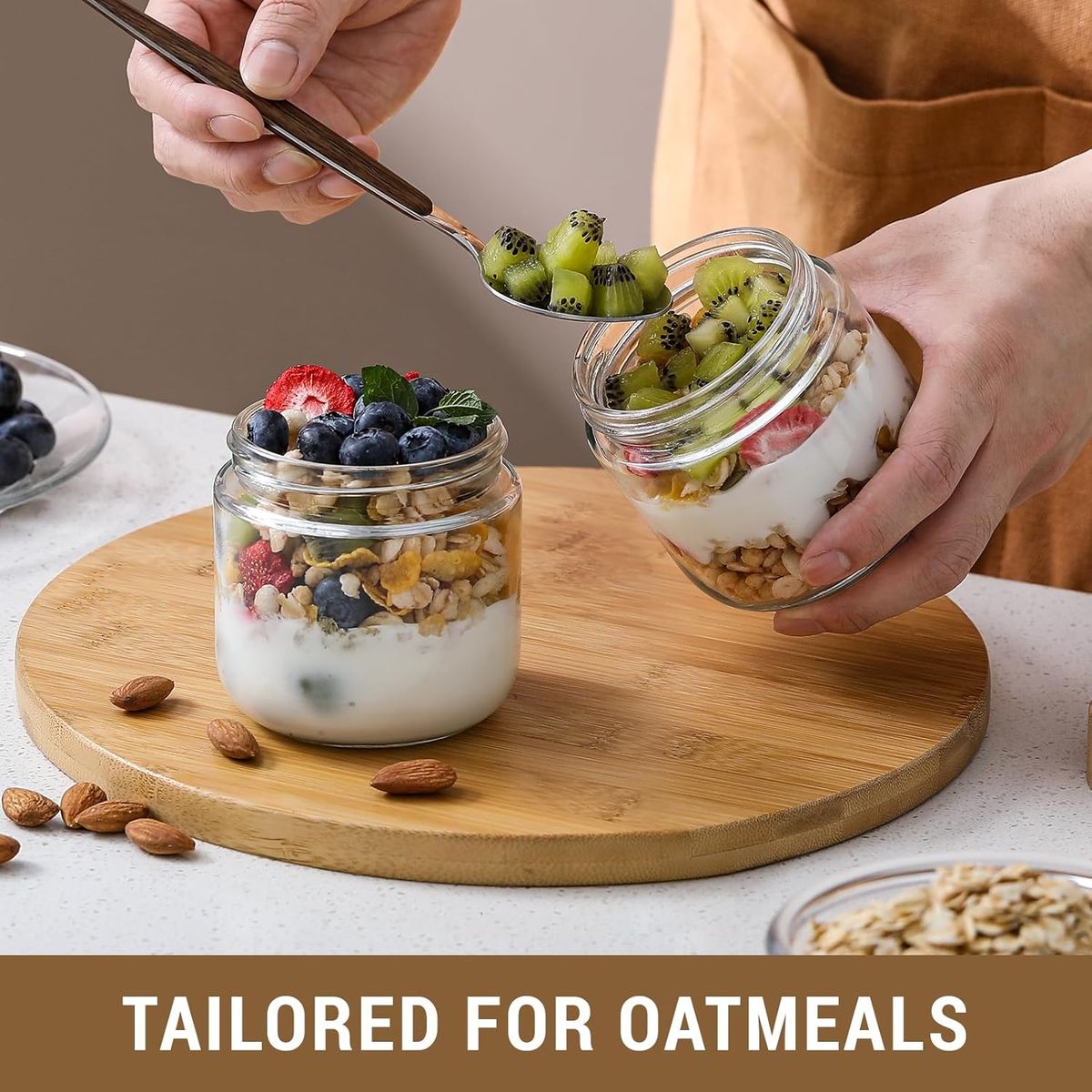 Cart In Mart 4 Pack Overnight Oat Jars Airtight Container Bamboo Lid Glass Storage-300ml - 300 ml