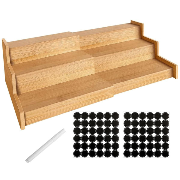 Cart In Mart 3 Tier Expandbale Bamboo Spice Rack Organiser Cabinet With Labels & Marker - S