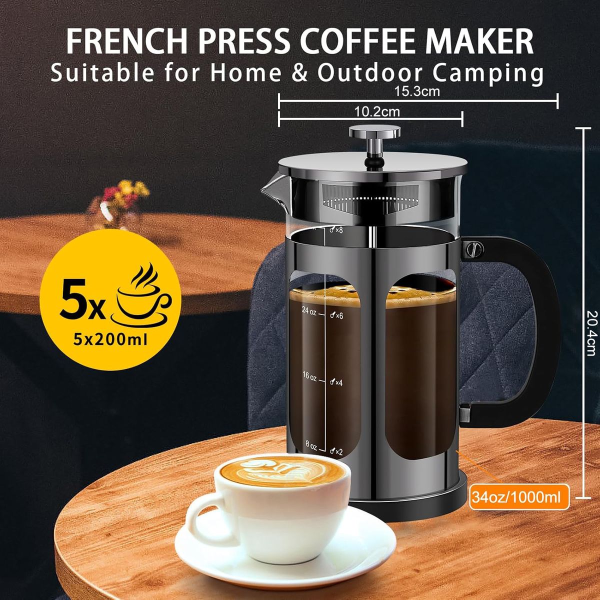 Cart In Mart French Press Coffee Maker-1 Litre-Borosilicate Glass Stainless Steel Brewer