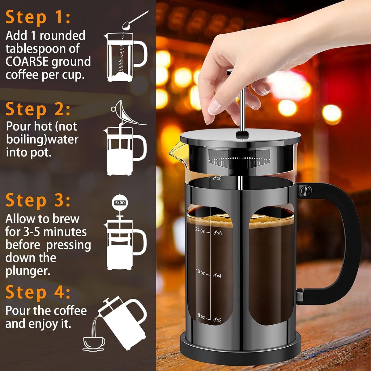 Cart In Mart French Press Coffee Maker-1 Litre-Borosilicate Glass Stainless Steel Brewer