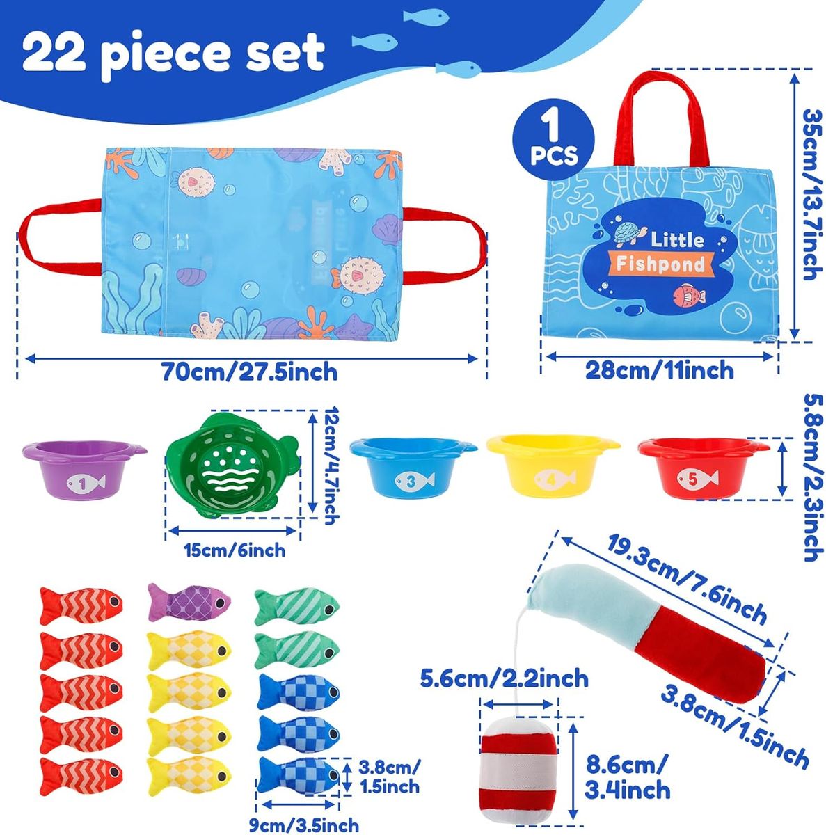 Cart In Mart 22 Piece Baby Cloth Fishing Pretend Play Montessori Toys With Stacking Cups