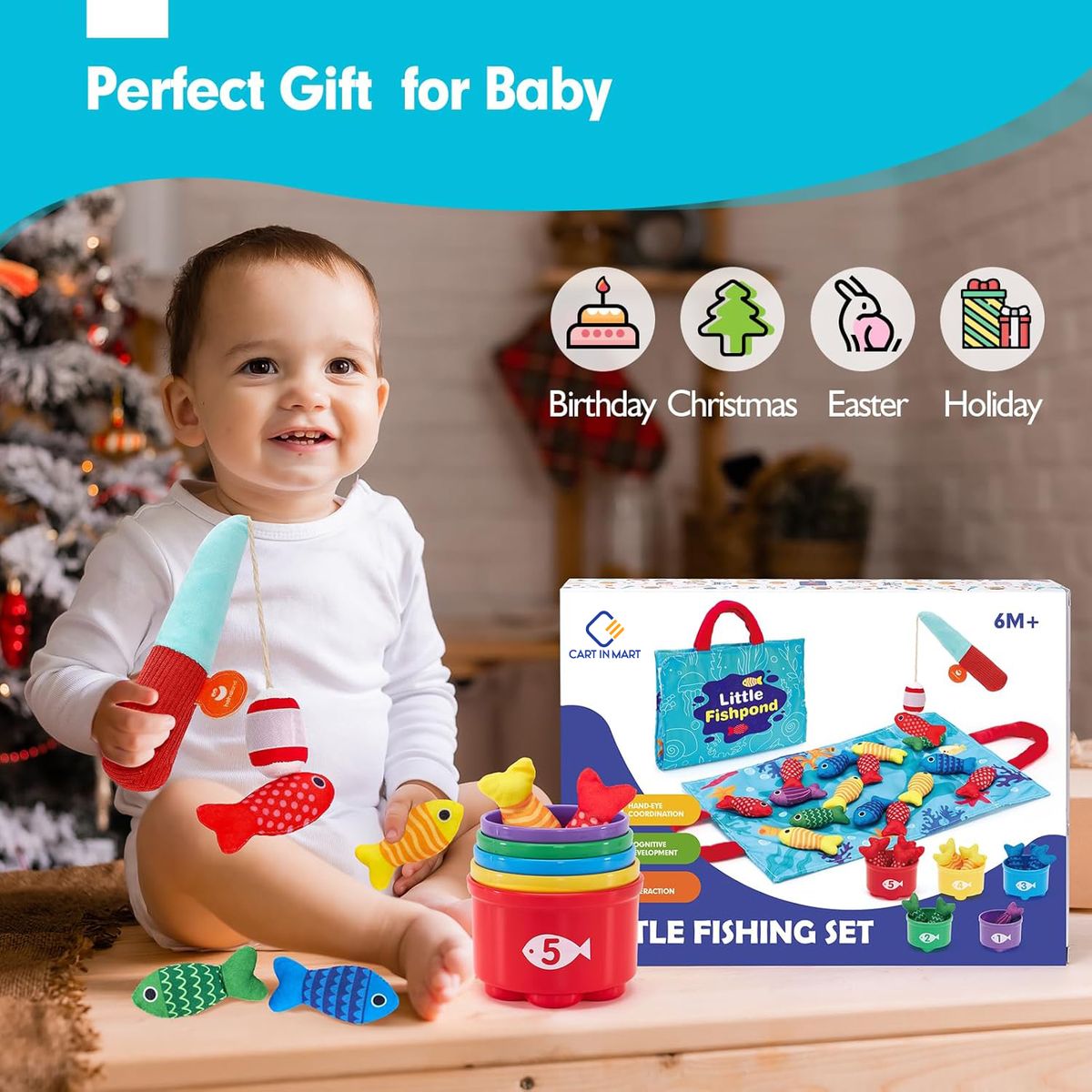 Cart In Mart 22 Piece Baby Cloth Fishing Pretend Play Montessori Toys With Stacking Cups