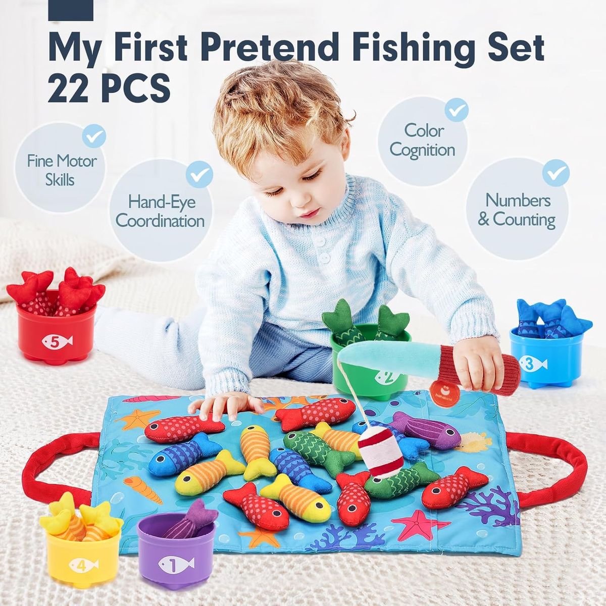 Cart In Mart 22 Piece Baby Cloth Fishing Pretend Play Montessori Toys With Stacking Cups