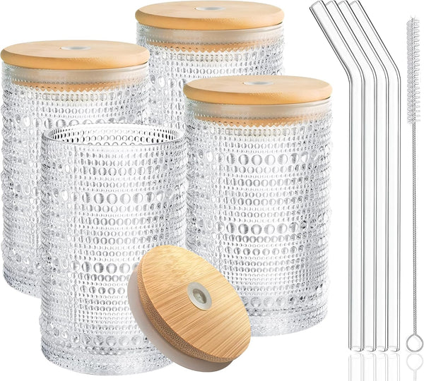 Cart In Mart Vintage Hobnail Drinking Glasses with Bamboo Lid & Glass Straw - 500ml - 4 Pack