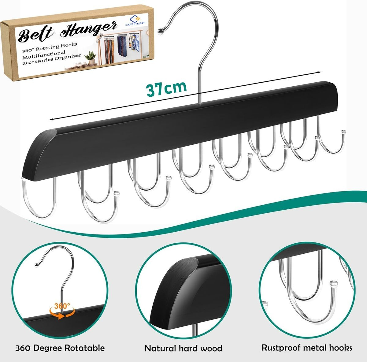 Cart In Mart Wooden Belt Hanger For Closet For Max 42 Belts Organizers & Storage- Black