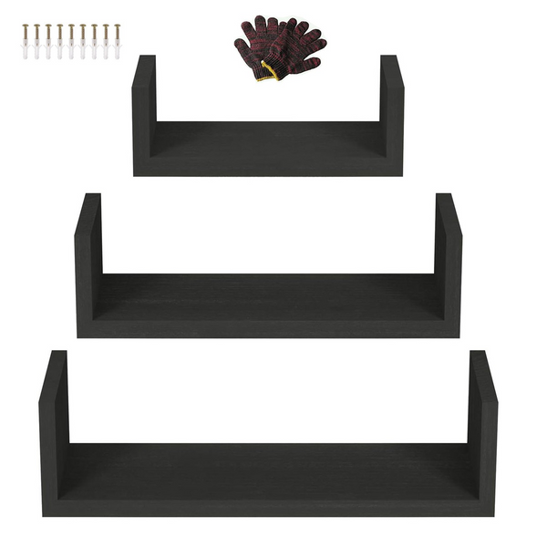 Cart In Mart 3 Piece U shape Wooden Floating Shelves For Bedroom Bathroom Wall Décor - Black