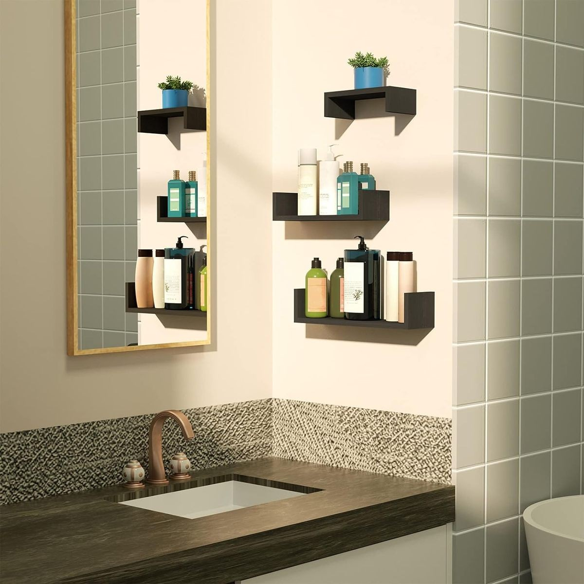 Cart In Mart 3 Piece U shape Wooden Floating Shelves For Bedroom Bathroom Wall Décor - Black