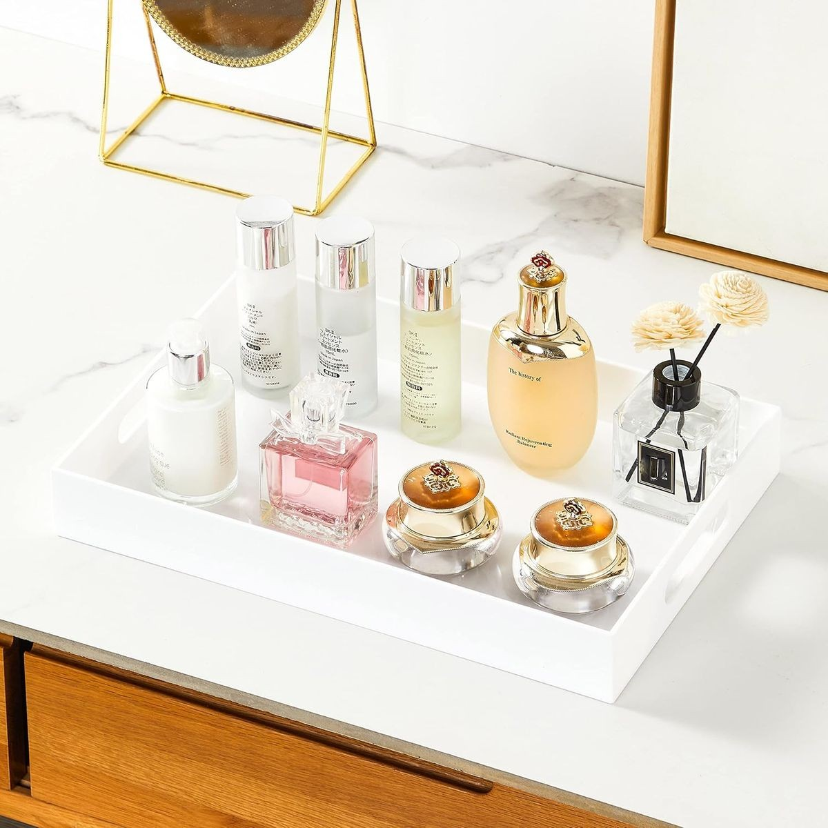 Cart In Mart Large Acrylic Serving Tray With Handles - Table Countertop Organiser Decor White