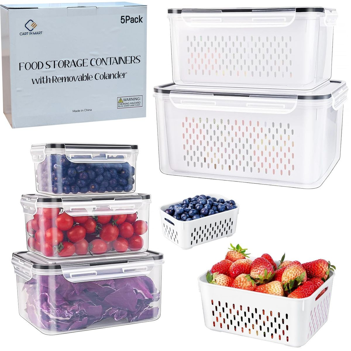 Cart In Mart 5 Pack (10 Piece) Fridge Food Storage Containers With Removable Colander
