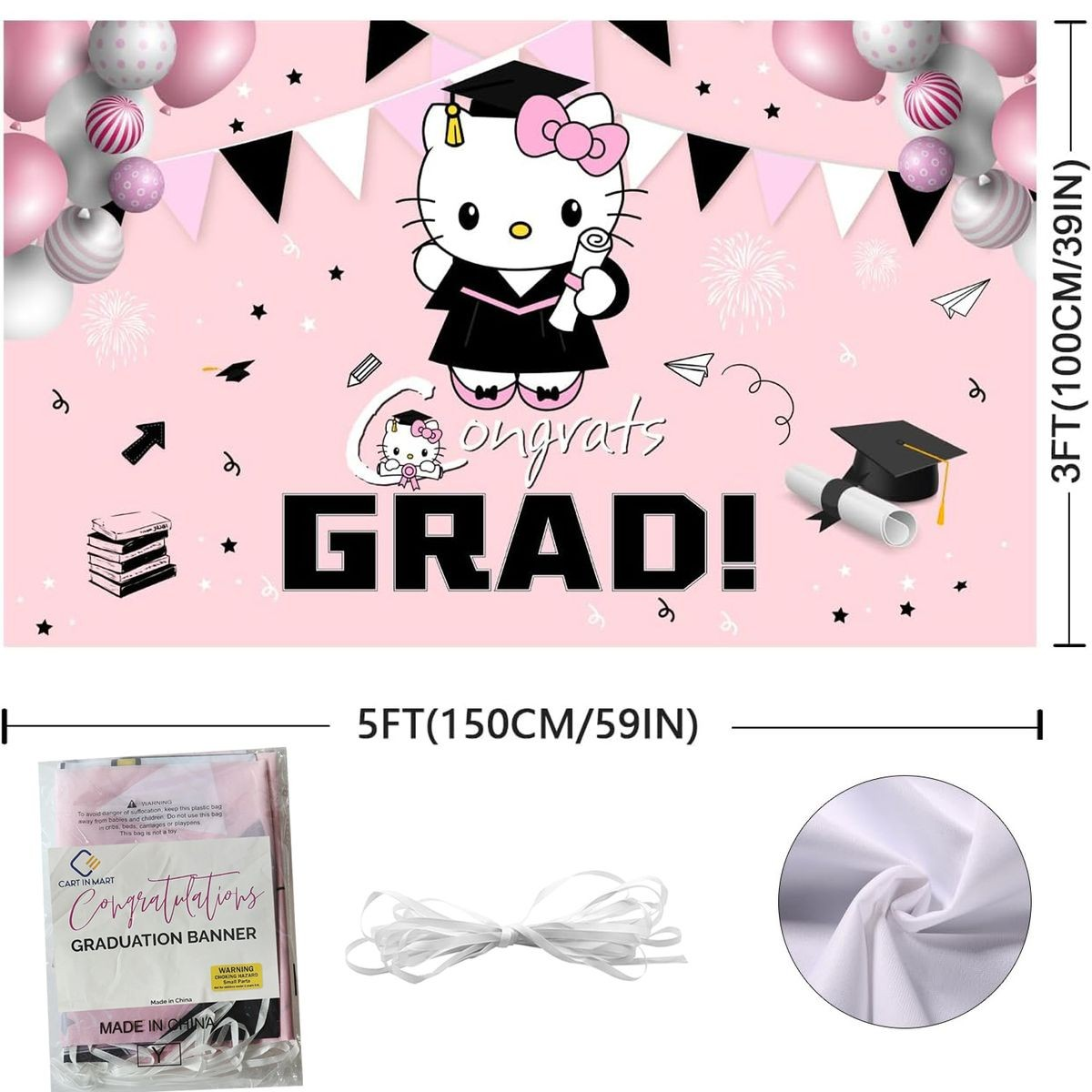 Cart In Mart Pink Graduation Congrats Banner Backdrop Grad Party Decoration-180x100cm