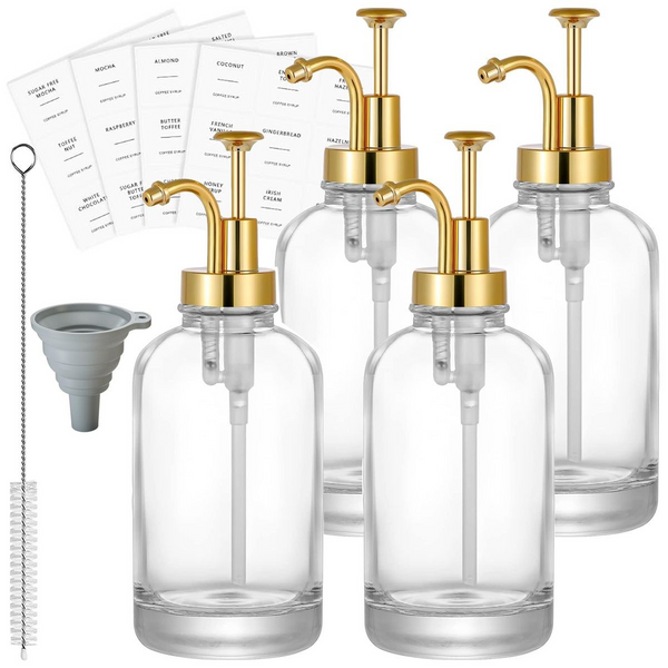 Cart In Mart 4 Pack Glass Coffee Syrup Dispenser With Labels, Gold Pump, Funnel 500ml