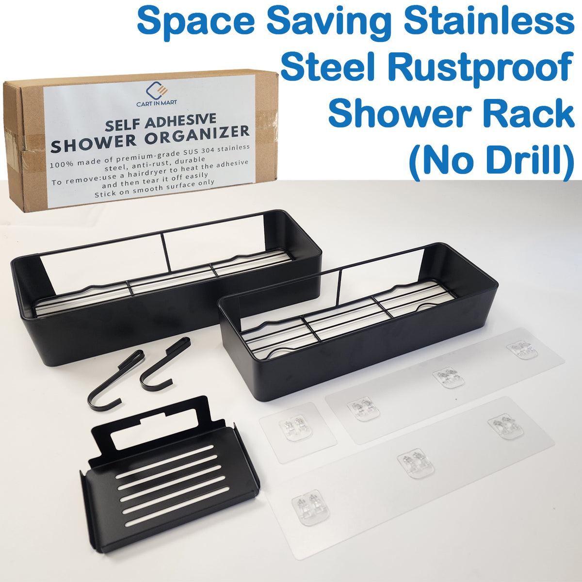 Cart In Mart Adhesive Shower Caddy No Drill Organiser With Soap Holder, Hooks- 5 Piece