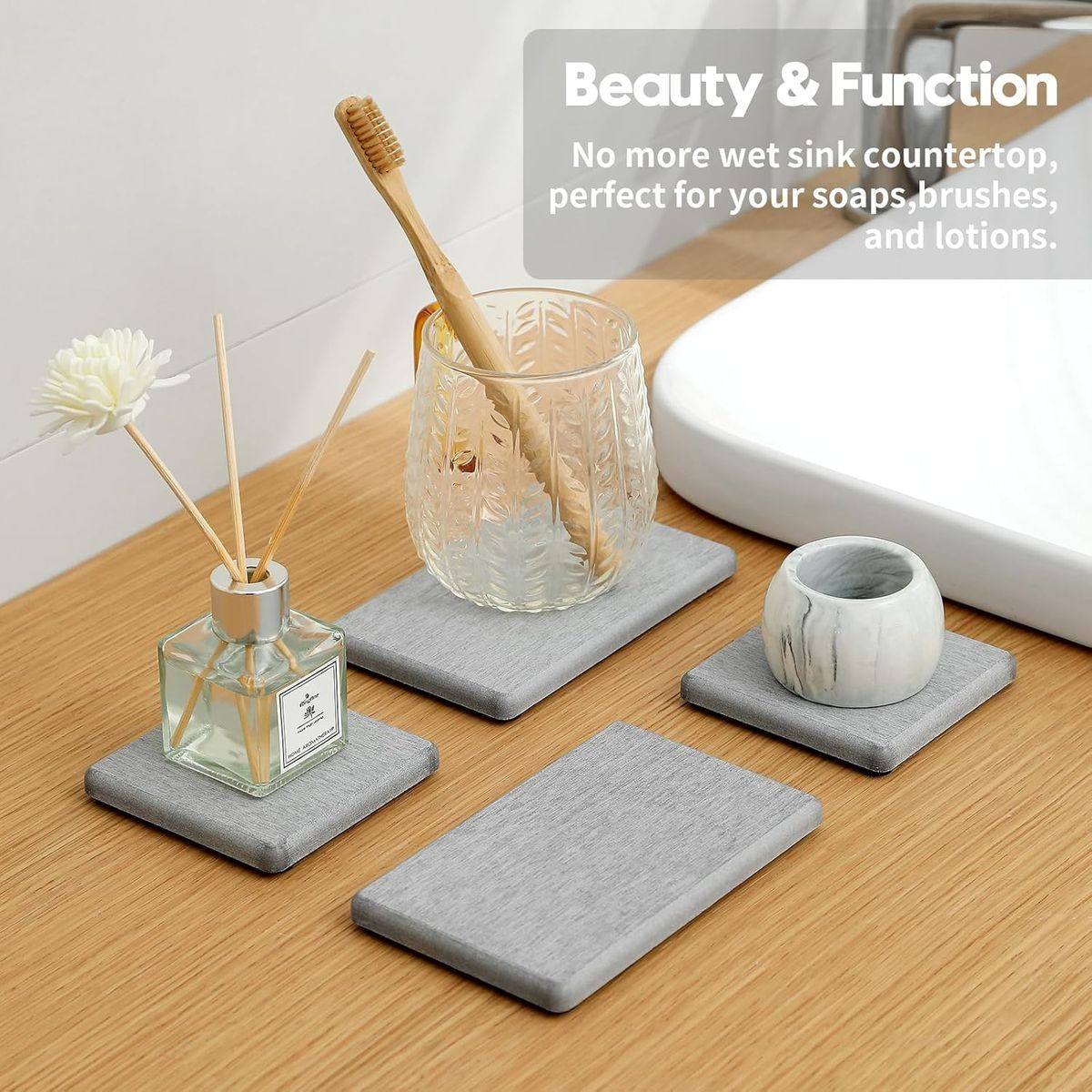 Cart In Mart 4 Pack Diatomite Coasters Water Absorbant Stone Trays For Bathroom/Kitchen Light Grey