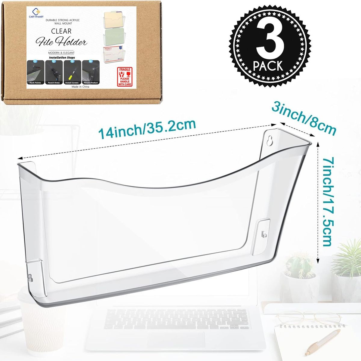 Cart In Mart 3 Pack Clear Acrylic Wall Mount Hanging File Organizer Holder Single Pocket