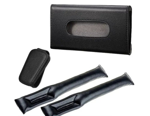 4-piece car organizer with visor sunglasses/tissue holder and seat gap filler pads installed in vehicle.