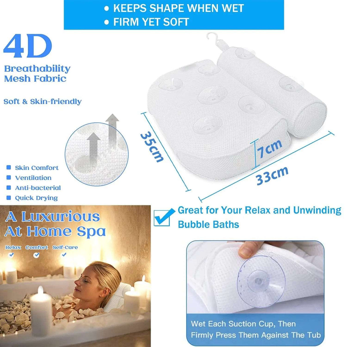 Cart In Mart BathTub Pillow 4D Mesh Bath Pillow Head Rest With Gel Eye Mask