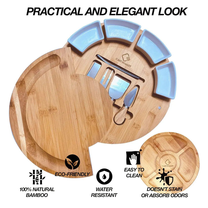 Cart In Mart Cheese board Bamboo Cheese Board and Knife Set With Food Tray- Round