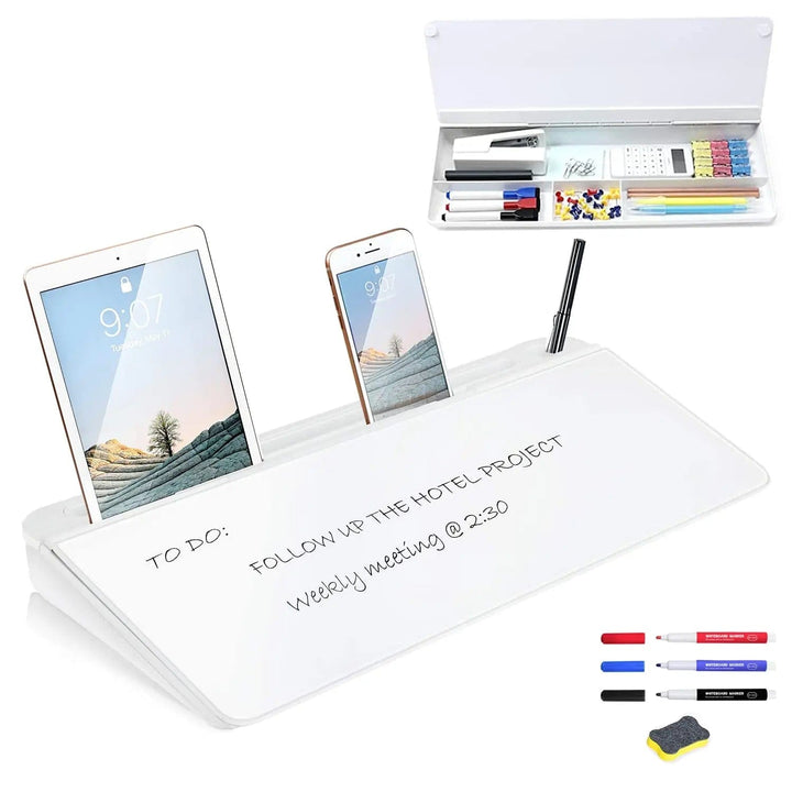 Cart In Mart Desktop White Board Desktop Glass Whiteboard Organiser with Drawers Markers & Eraser Set