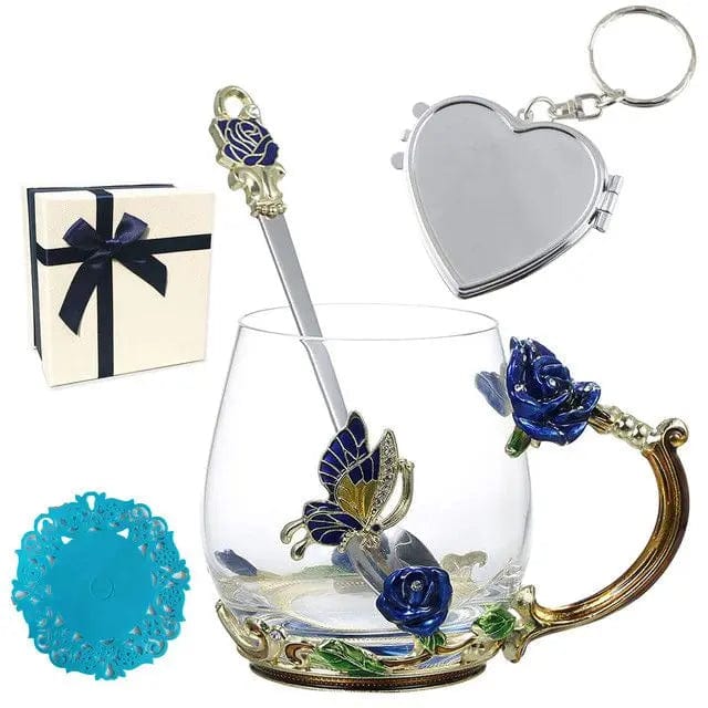 Cart In Mart gift for women Enamel Blue Gold Rose Glass Coffee Mug Gift Box Set