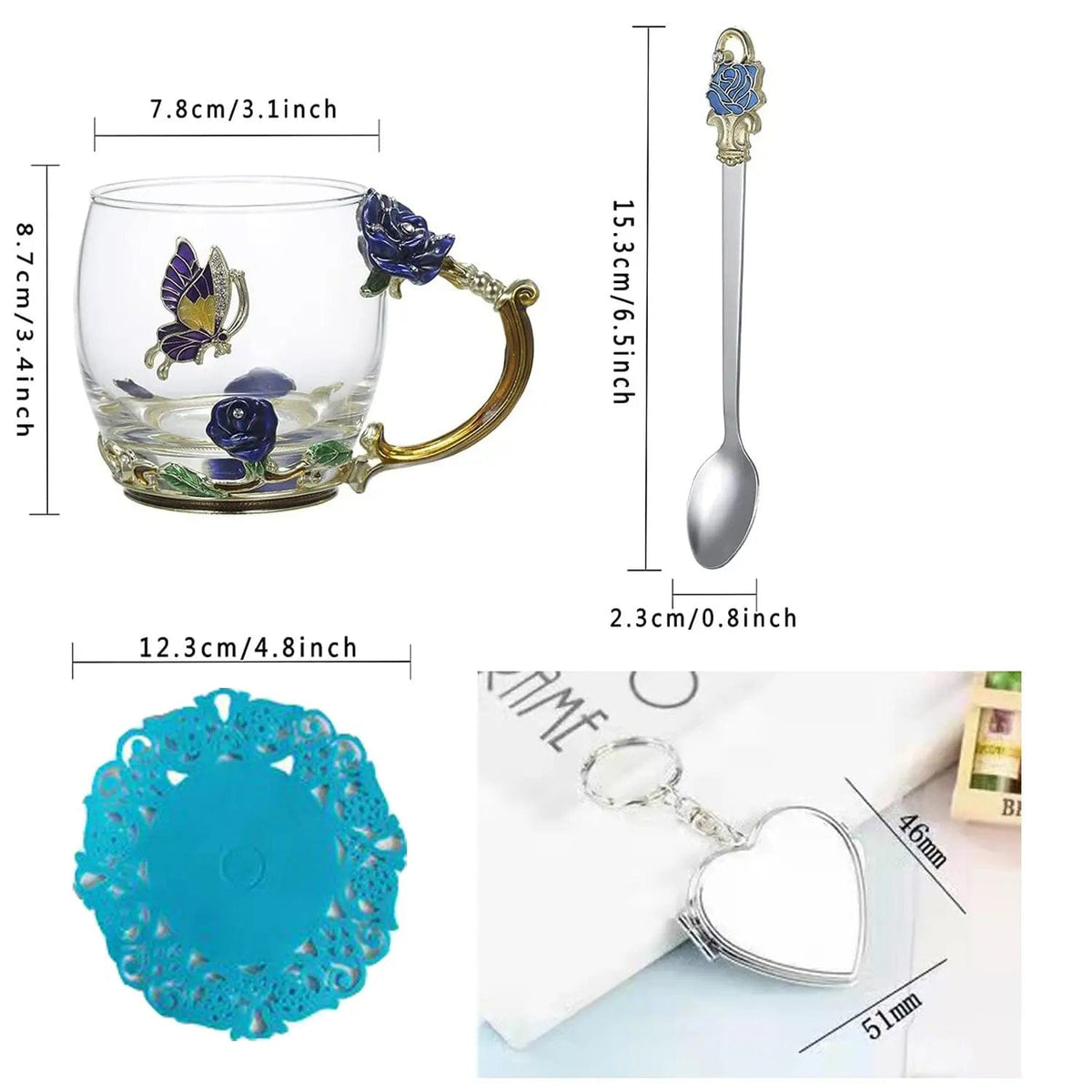 Cart In Mart gift for women Enamel Blue Gold Rose Glass Coffee Mug Gift Box Set