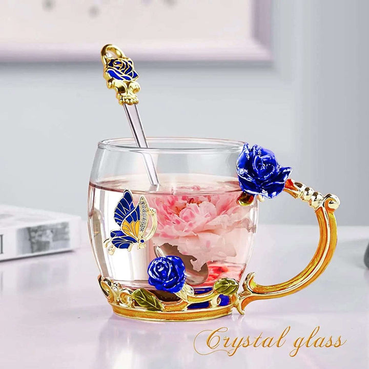 Cart In Mart gift for women Enamel Blue Gold Rose Glass Coffee Mug Gift Box Set