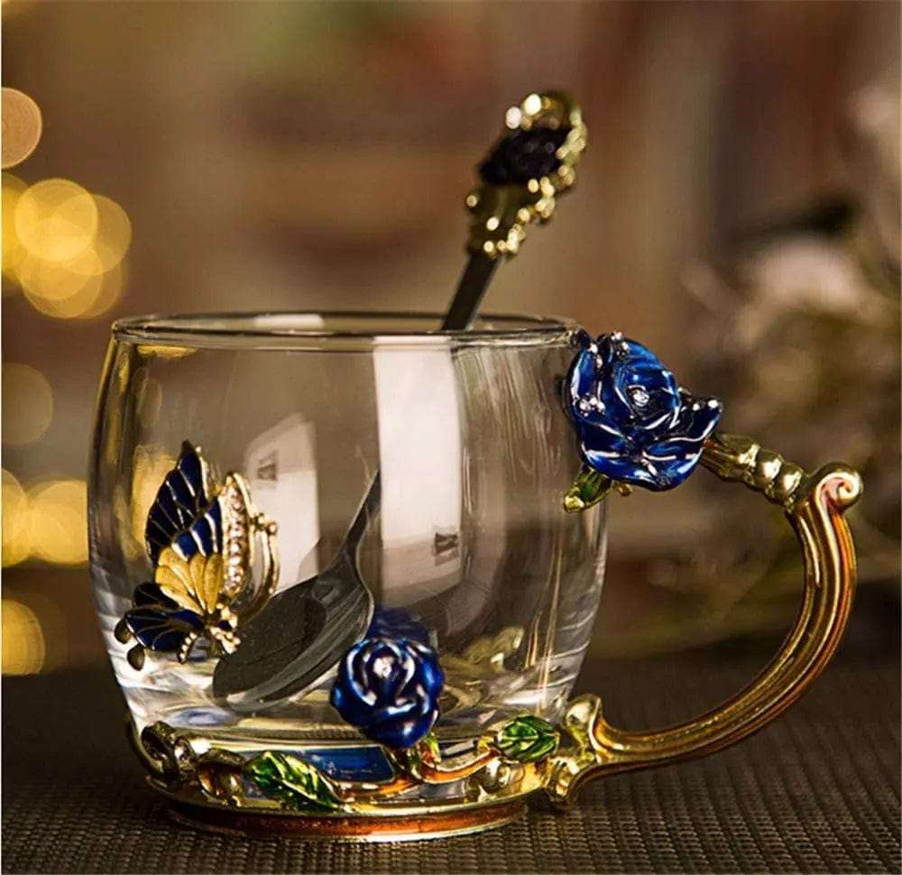 Cart In Mart gift for women Enamel Blue Gold Rose Glass Coffee Mug Gift Box Set