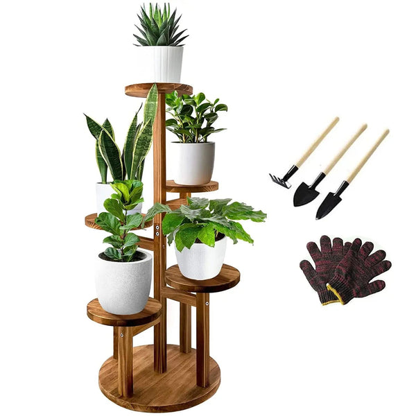 Cart In Mart Home Decor 5 Tier Plant Stand With Wheels For Indoor - Walnut