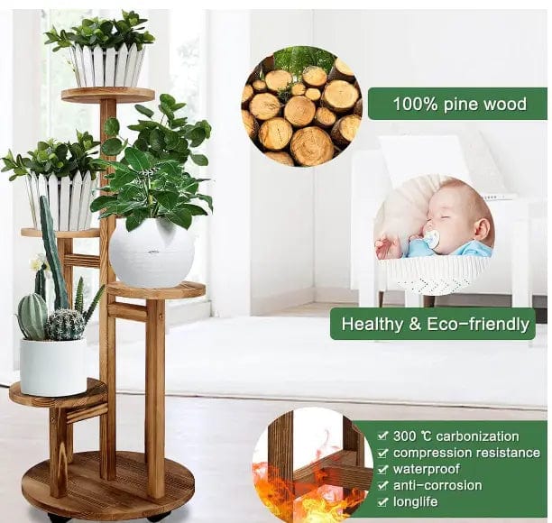 Cart In Mart Home Decor 5 Tier Plant Stand With Wheels For Indoor - Walnut