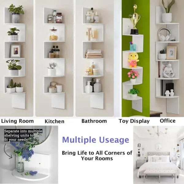 Cart In Mart Indoor Decor 5 Tier Floating Corner Shelves For Indoor - White