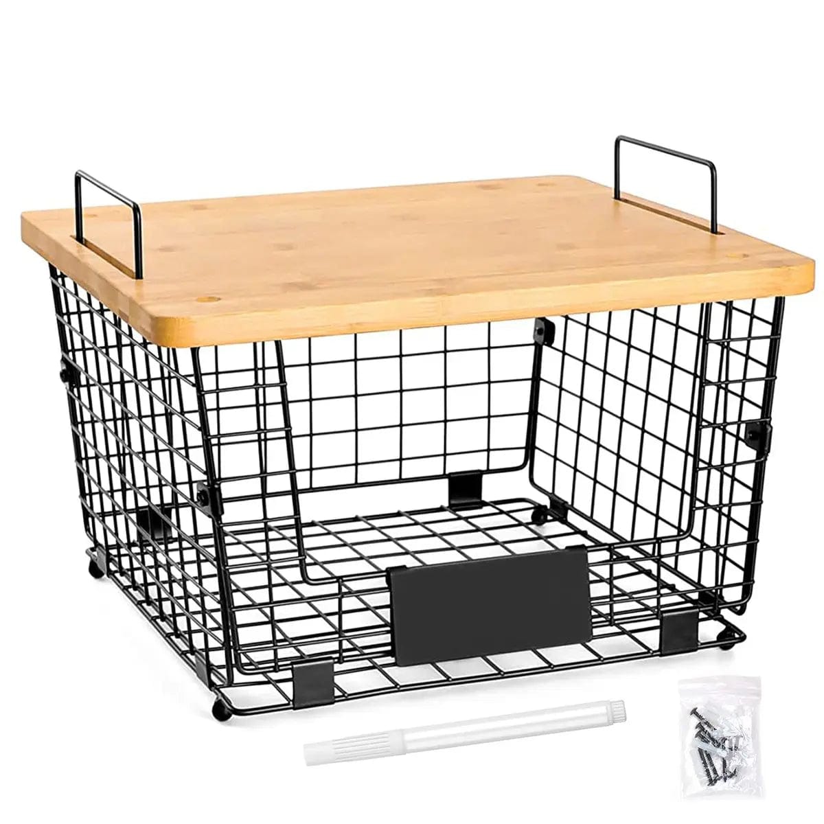 Cart In Mart Kitchen Organisation & Utensils Metal Kitchen Counter Basket Organiser With Bamboo Top