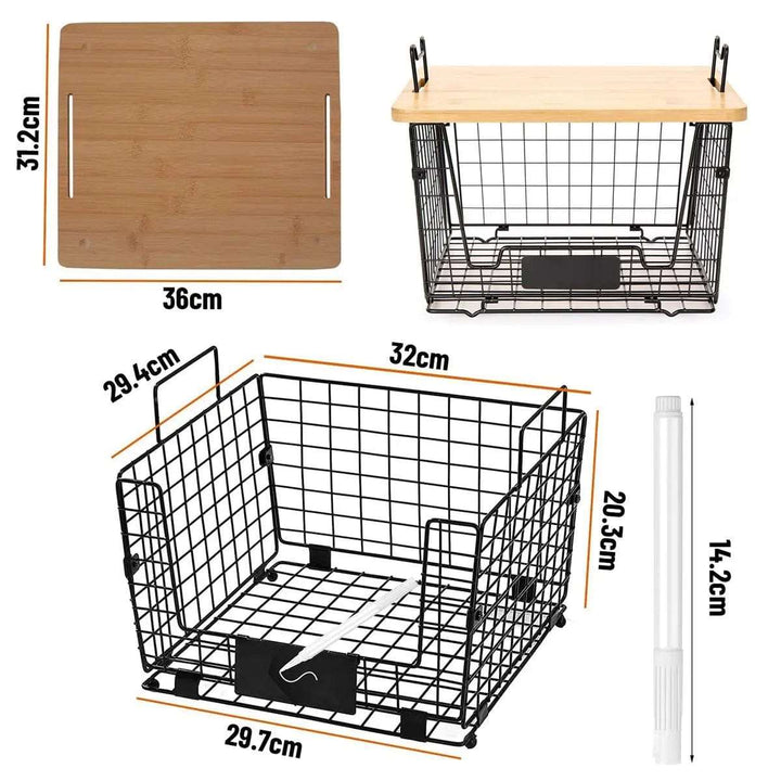 Cart In Mart Kitchen Organisation & Utensils Metal Kitchen Counter Basket Organiser With Bamboo Top