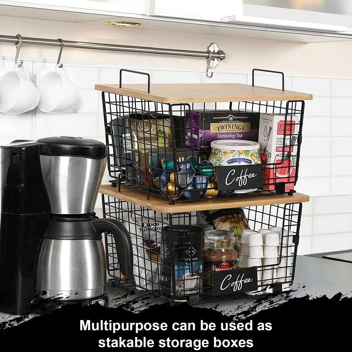 Cart In Mart Kitchen Organisation & Utensils Metal Kitchen Counter Basket Organiser With Bamboo Top