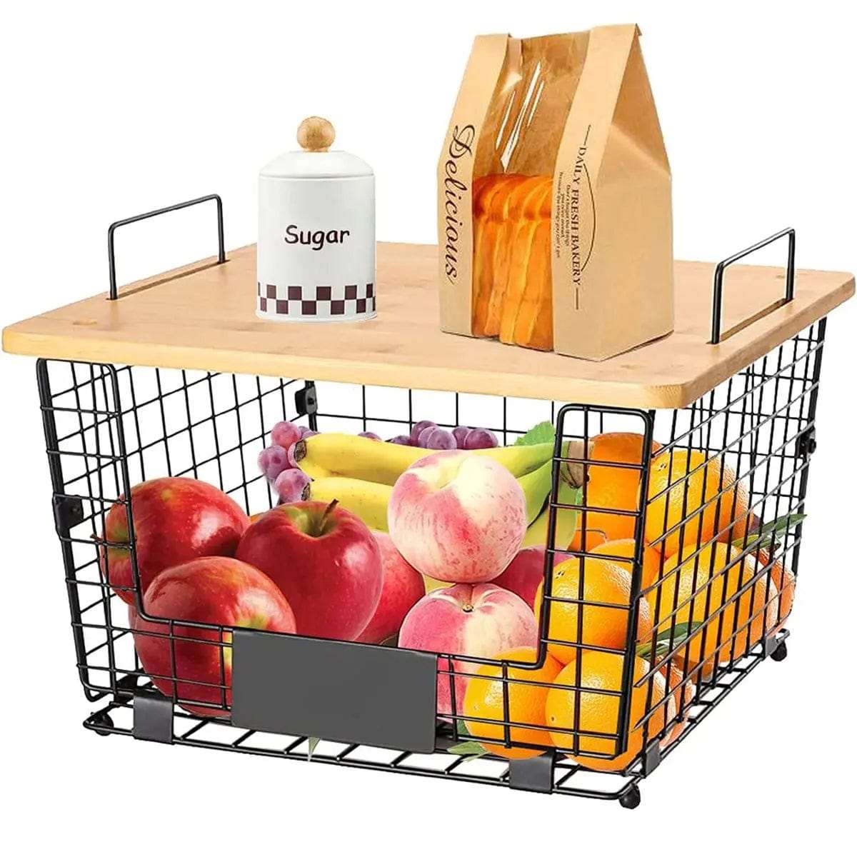 Cart In Mart Kitchen Organisation & Utensils Metal Kitchen Counter Basket Organiser With Bamboo Top