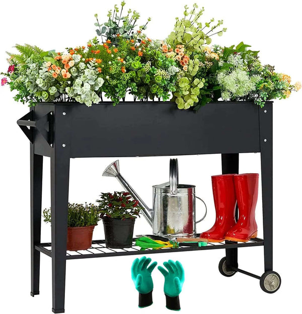 Cart In Mart Plant Stand Metal Raised Bed Planter Box With Legs & Wheels