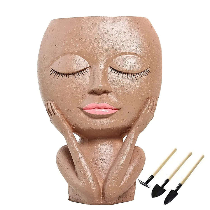 Beautiful Face Flower Pot Head Planter With Gardening Tools - Cart In Mart