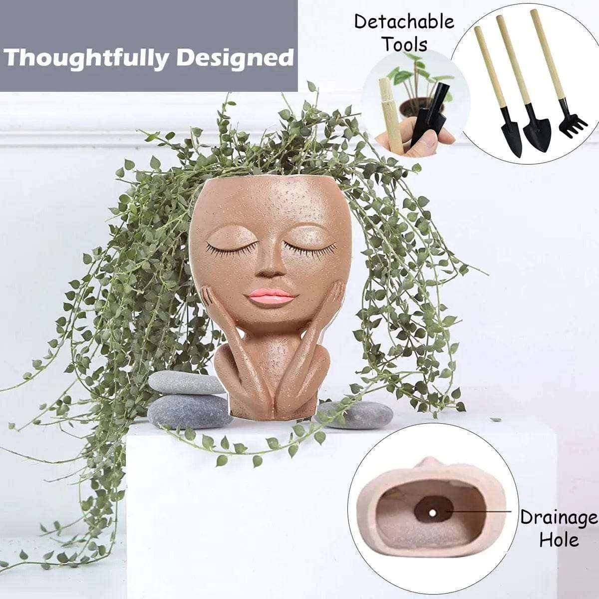 Beautiful Face Flower Pot Head Planter With Gardening Tools - Cart In Mart