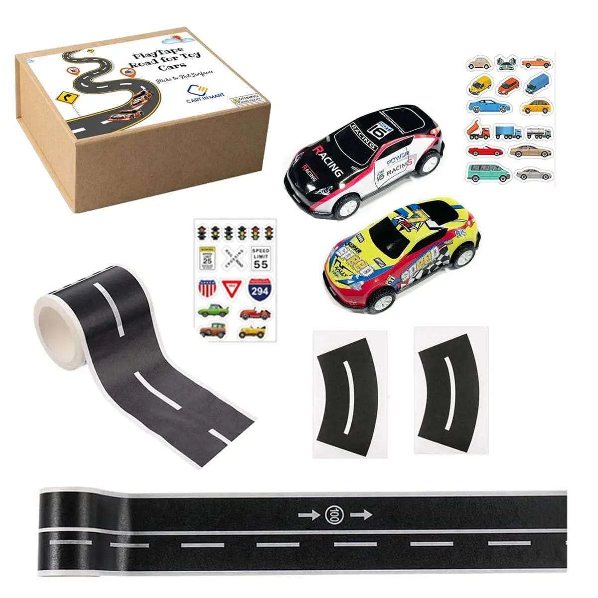 Cart In Mart Toys 2 Pack Play Road Tape Set With Metal Toy Cars