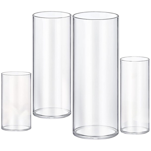 4-pack clear shatter-resistant glass vases in varying heights with floating candles and roses for wedding decor.
