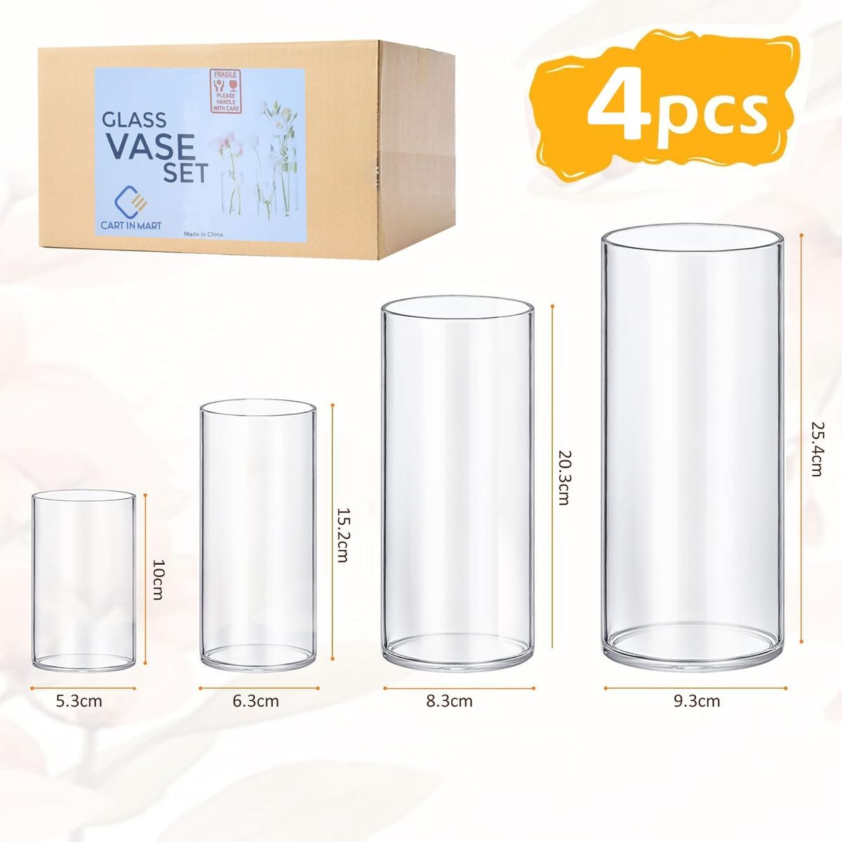 4-pack clear shatter-resistant glass vases in varying heights with floating candles and roses for wedding decor.